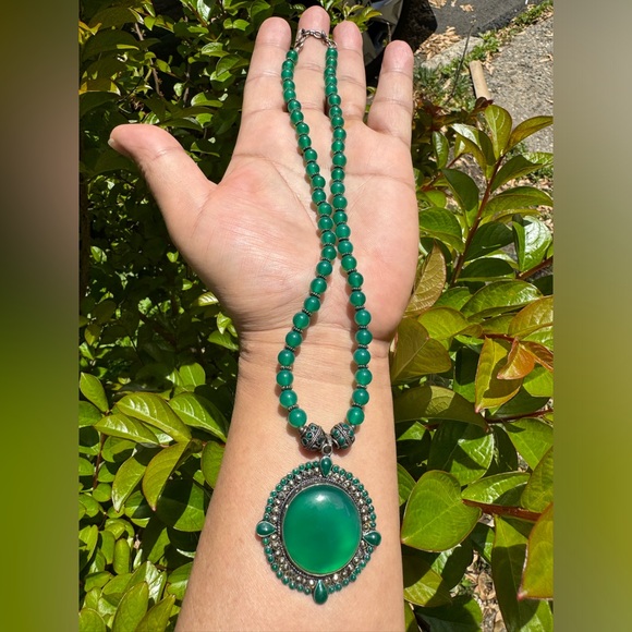 Antique and stunning apple green genuine jadeite handmade pendant necklace 18”in
